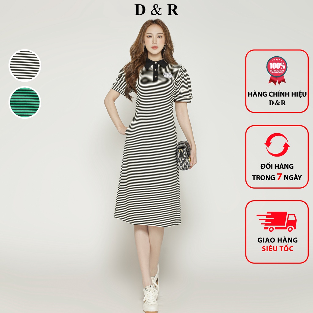 Đầm polo nữ bigsize kẻ sọc logo hoa Quảng Châu cao cấp váy thun dáng dài D&R Fashion D234