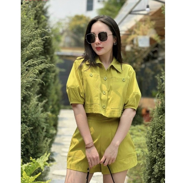 Set sơ mi nữ tay ngắn - xanh lá cây (freesize 42-55kg) Ảnh thật shop tự chụp