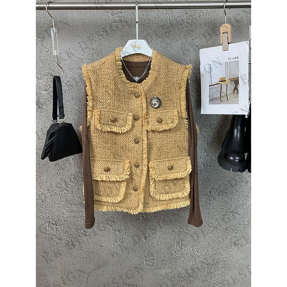 Hot | Người nổi tiếng dệt vest tweed vest jacket pocket top tua vest với thắt lưng