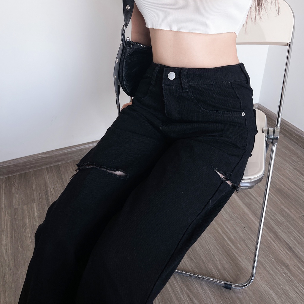 Quần jean ống rộng nữ đen rách gối ulzzang, quần bò ống rộng nữ đen rách đùi VNXK - Jeanboo