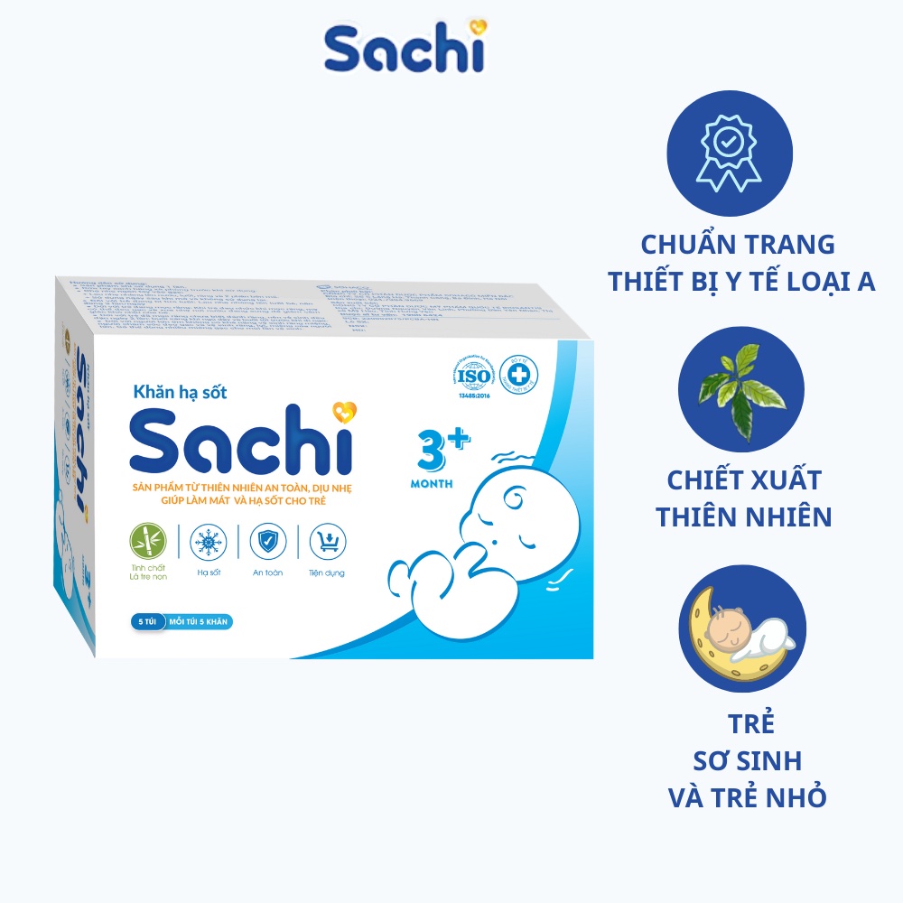 Khăn lau hạ sốt SACHI 3+ giúp hạ nhiệt, giảm sốt, thành phần thiên nhiên an toàn cho trẻ sơ sinh từ 3 tháng tuổi