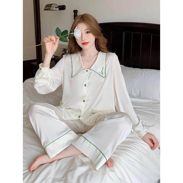 Bộ pijama lụa tiểu thư cao cấp Quảng Châu tay dài trắng viền