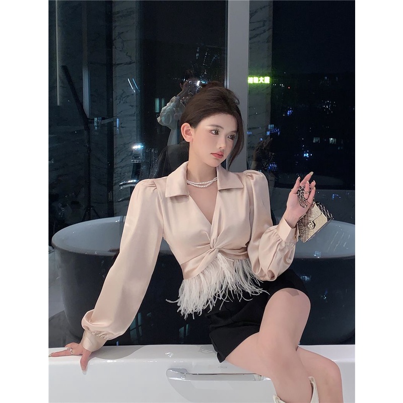 Áo Sơ Mi Lửng Tay Dài Vạt Chéo Thời Trang Dành Cho Nữ