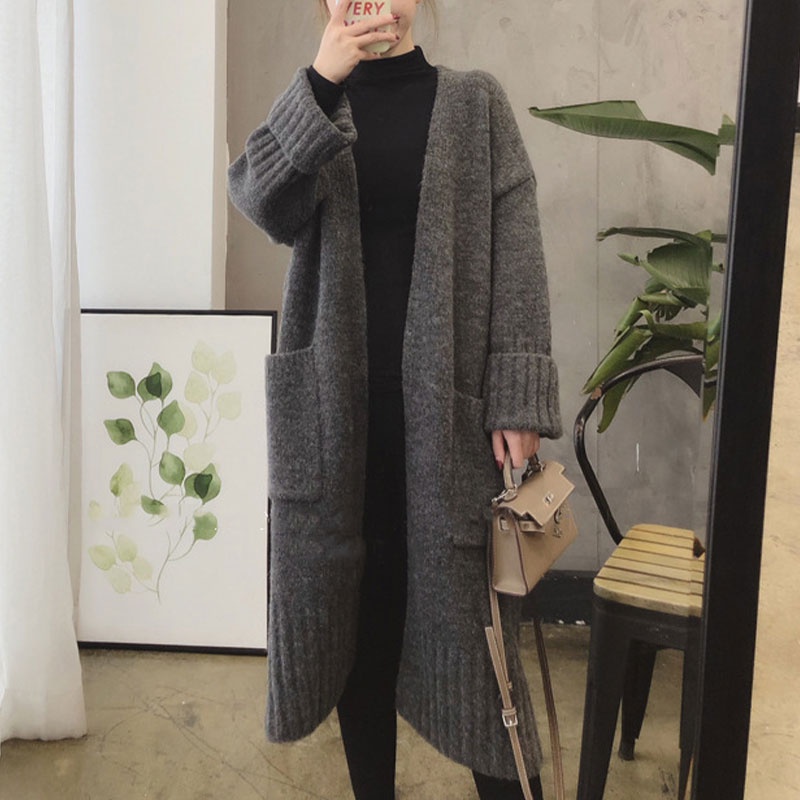 Áo khoác cardigan Du Yan dệt kim dày dáng rộng có túi lớn phong cách Hàn Quốc thời trang thu đông