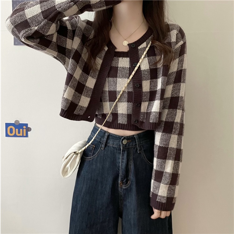 Set Áo Len Tay Dài Sọc Caro + Áo Khoác Ghi Lê Thời Trang Nữ