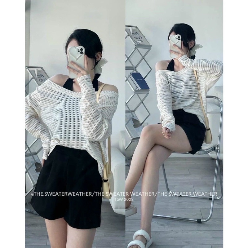 Áo len lưới mix cổ yếm giả set, len fom rộng over size cá tính