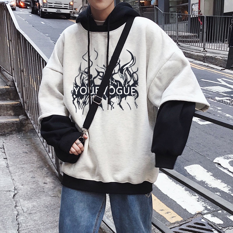 Áo Hoodie Giả Hai Lớp Lót Nhung Dáng Rộng Thời Trang Mùa Đông Cho Nam