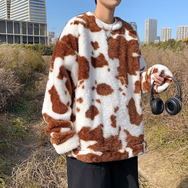 Áo Sweater Lông Cừu Dáng Rộng Họa Tiết Bò Sữa Phong Cách Hàn Quốc Thời Trang Thu Đông Cho Nam