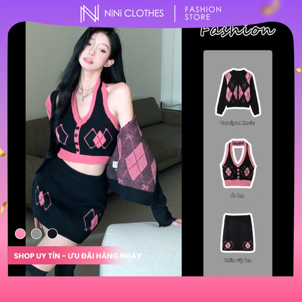 Set váy len, set đầm Body 3 món độc lạ hoạ tiết cá tính dáng Croptop phong cách Hàn Quốc NiNi Clothes
