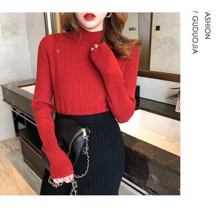 Áo Len Nữ cổ cao Dệt Kim Dài Tay Đính Cúc Xẻ Tà Ulzzang Dày Dặn Loại 1