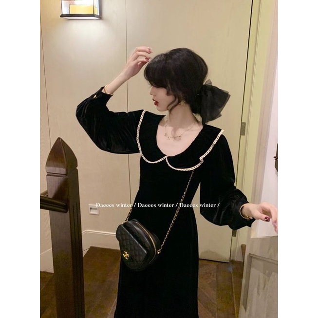 2023 Đầm midi Đen Tay Dài Phong Cách Retro Thanh Lịch Cho Nữ