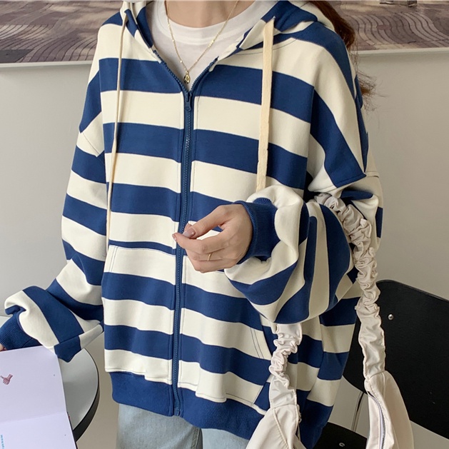 Áo hoodie SUXI tay dài dáng rộng kẻ sọc thời trang mùa thu cho nữ