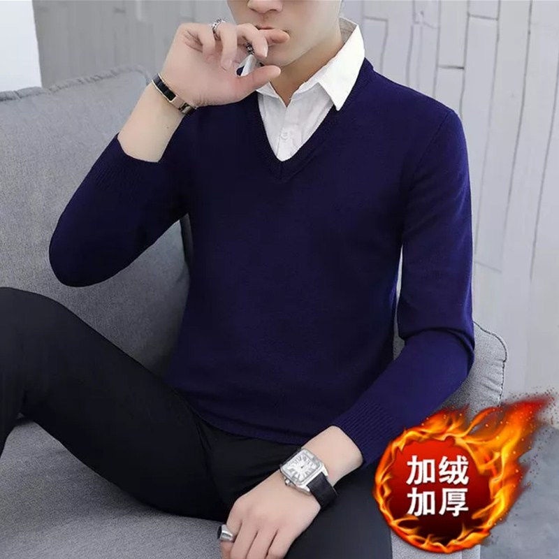 # Áo Len Nam# Áo Sweater Cotton Giả Hai Lớp Màu Sắc Đơn Giản Cho Nam