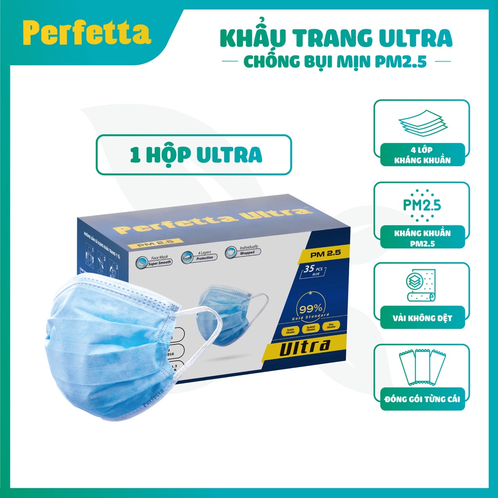 Khẩu trang y tế 4 lớp Perfetta Ultra Trắng/Xanh (35 Cái/Hộp)