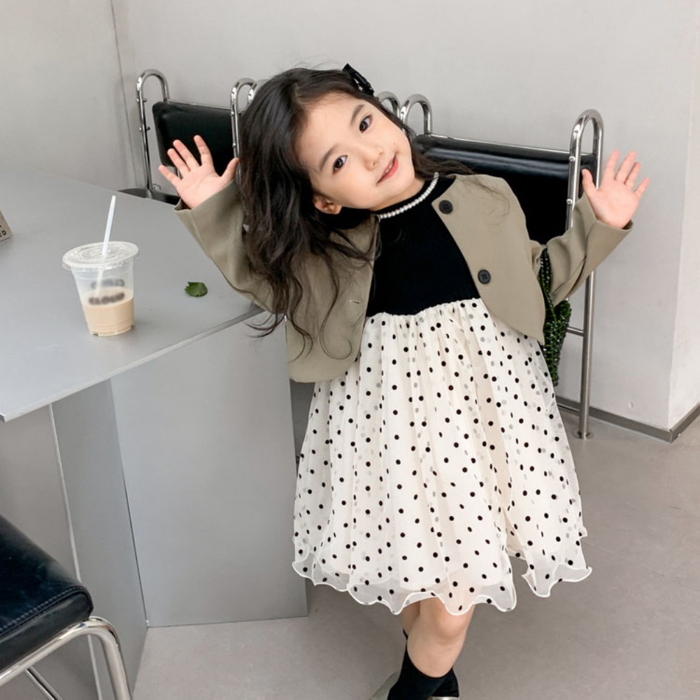 Bộ Đầm Tay Dài Phối Lưới Chấm Bi + Áo Khoác Thắt Nơ Phong Cách Hàn Quốc Thời Trang Mùa Thu Cho Bé Gái