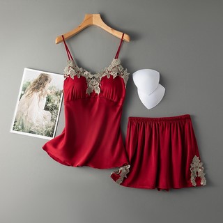 Bộ ngủ lụa viền ren sexy 2 dây + quần đùi M2