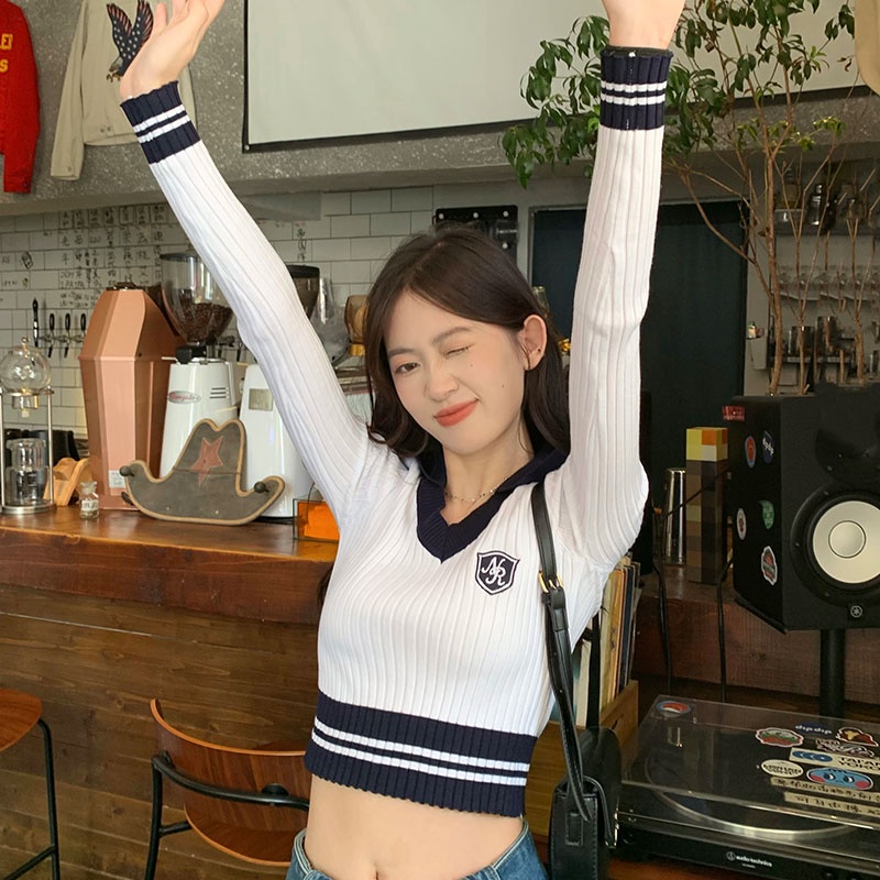 Áo Len Tay Dài Cổ Chữ V Màu Tương Phản Phong Cách Hàn Quốc Thời Trang Cho Nữ