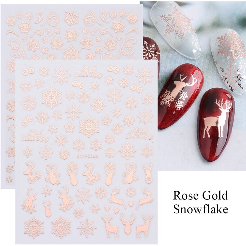 Sticker Noel dán móng nail bông tuyết Giáng sinh vàng hồng