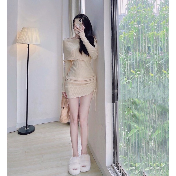 Đầm body bẹt vai rút dây
