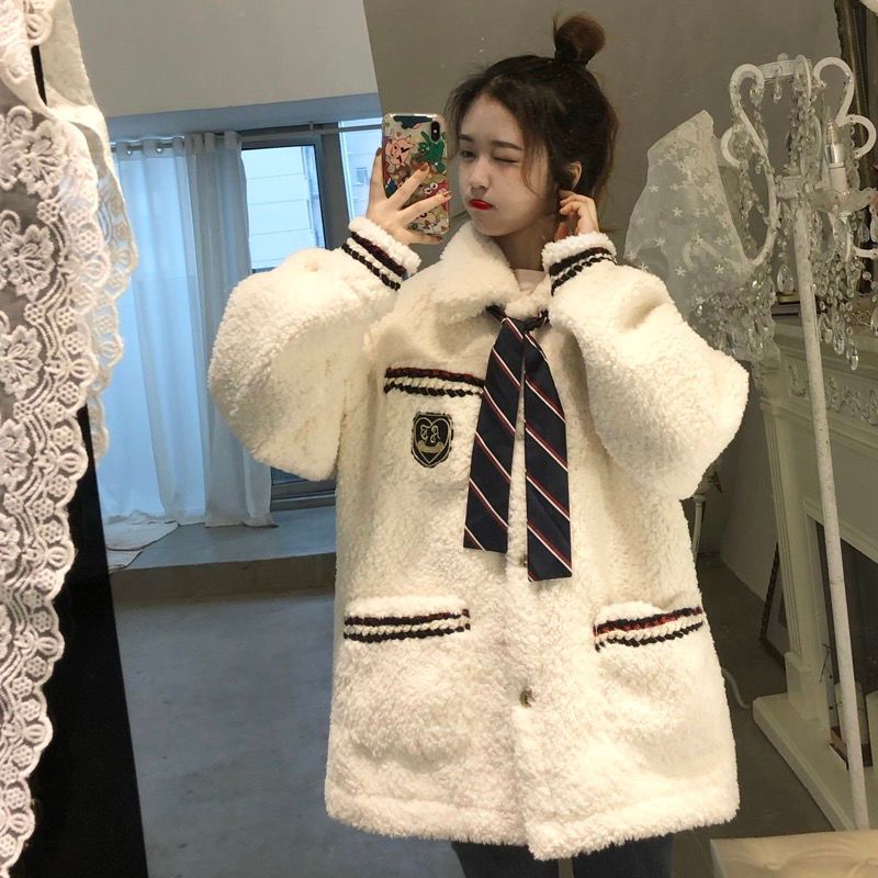 Áo Sweater Lông Cừu Dày Dặn Dáng Rộng Dễ Thương Thoải Mái Phong Cách Hàn Quốc Cho Nữ