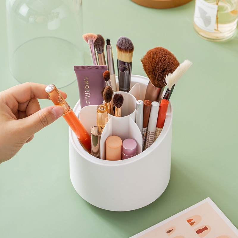 Khay Đựng Cọ Trang Điểm Xoay 360 Độ Có Nắp Đậy, Hộp 6 Ngăn Chứa Dụng Cụ Makeup Đựng Bút Đa Năng