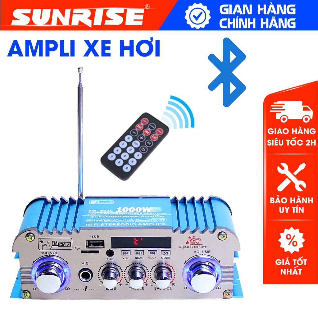 Amply karaoke Bluetooth cho xe hơi, loa mini, bộ khếch đại âm thanh Hifj YW-803 cho ô tô hỗ trợ chức năng bass treble, V