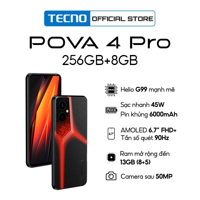 Điện thoại Gaming Tecno POVA 4 PRO 8GB/256GB - MTK G99| 6000 mAh | Sạc nhanh 45W