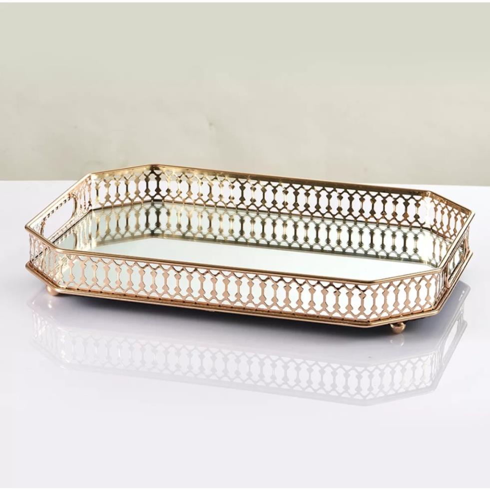 KHAY HỢP KIM MẠ VÀNG ĐẶT BỘ TRÀ HOẶC BỘ BÌNH CỐC MẶT KHAY TRÁNG GƯƠNG