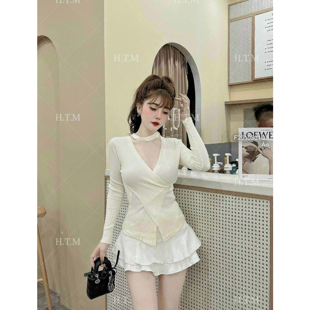Áo len kiểu cổ tim vạt đắp chéo tay dài thời trang!