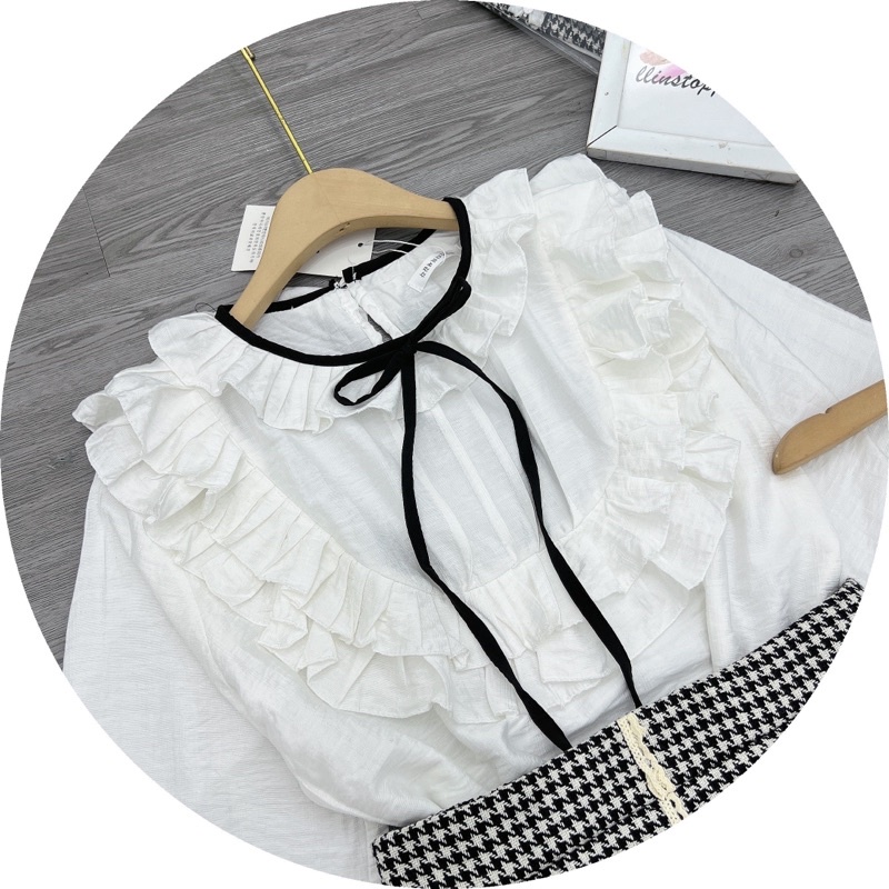 Sét Áo Trắng Đũi Bèo Ngực Mix Chân Váy Dạ Kẻ Siêu Xinh,Ảnh Thật Trải Sàn