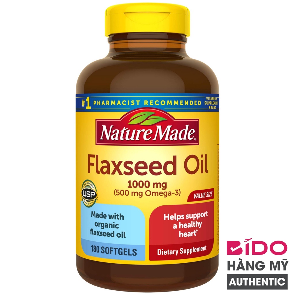 Dầu hạt lanh bổ tim mạch NATURE MADE Flaxseed Oil 1000mg - Omega-3 500mg (180 viên) - Thực phẩm chức năng Mỹ