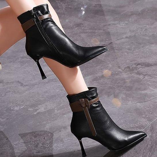 Giày Bốt Cao Gót Mũi Nhọn Phối Nhung Thời Trang Thu Đông Mới 2022