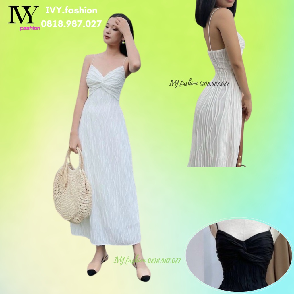Đầm váy maxi 🍓cotton lượn sóng🍓 2 dây cúp ngực hở lưng nude kem đen nơ ngực đi biển dự tiệc dạo phố bigsize