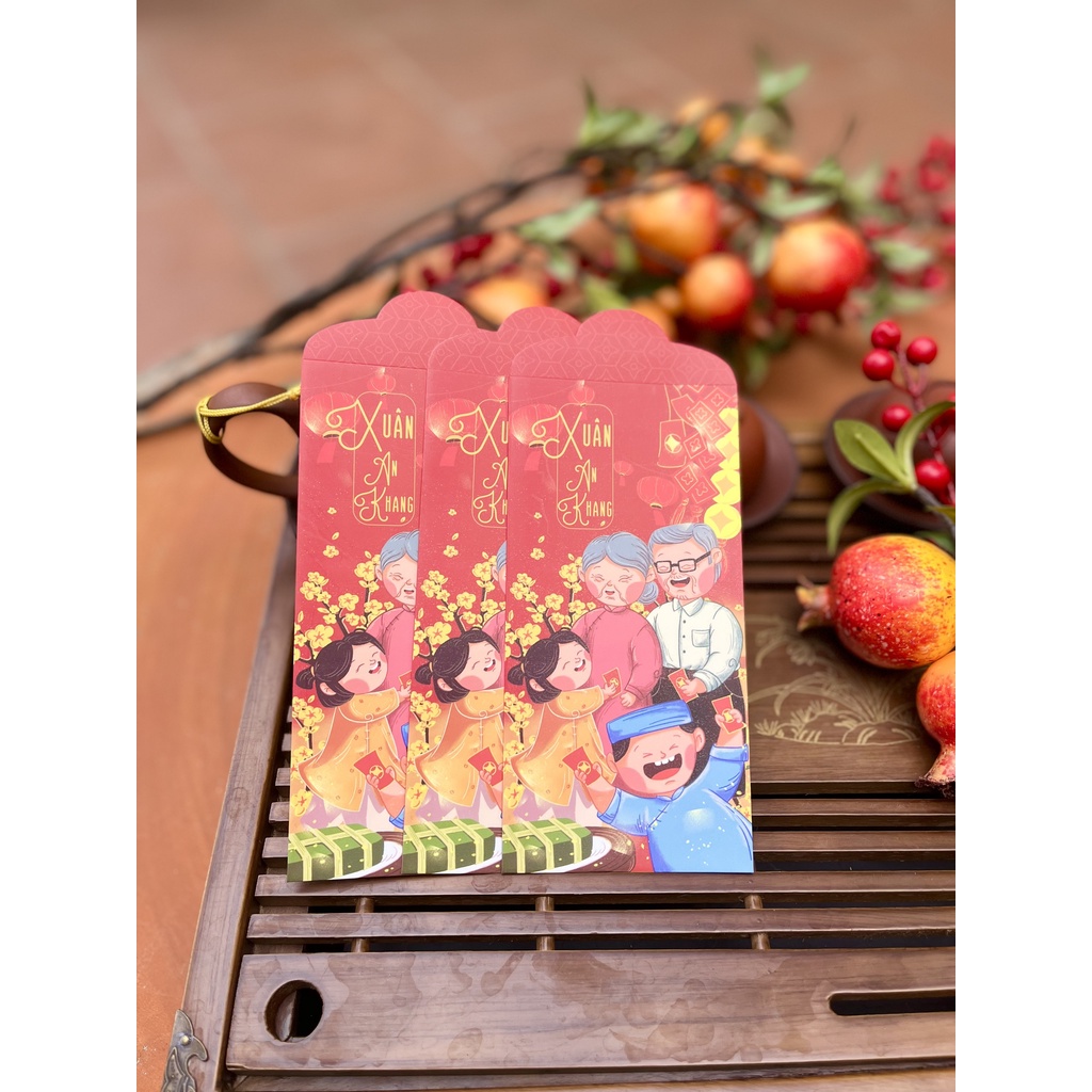 Sét 12 Bao Lì Xì TẾT THIẾT KẾ đặc sắc - Hình xuân sum vầy - Giấy C150 cán mờ in sắc nét