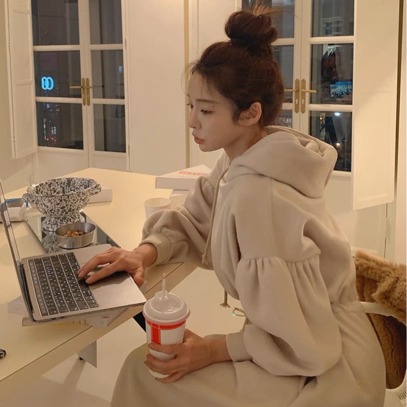 Đầm Hoodie Dài Tay Màu Sắc Thời Trang Hàn Quốc Cho Nữ