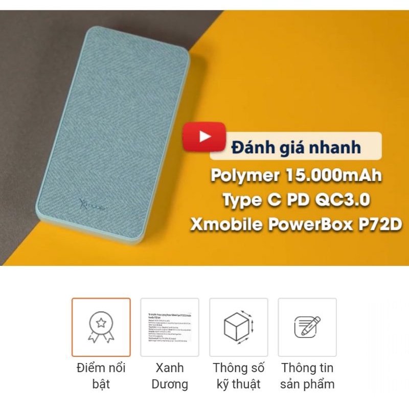 Pin sạc dự phòng Polymer 15.000 mAh Type C PD QC3.0 Xmobile PowerBox P72D Xanh