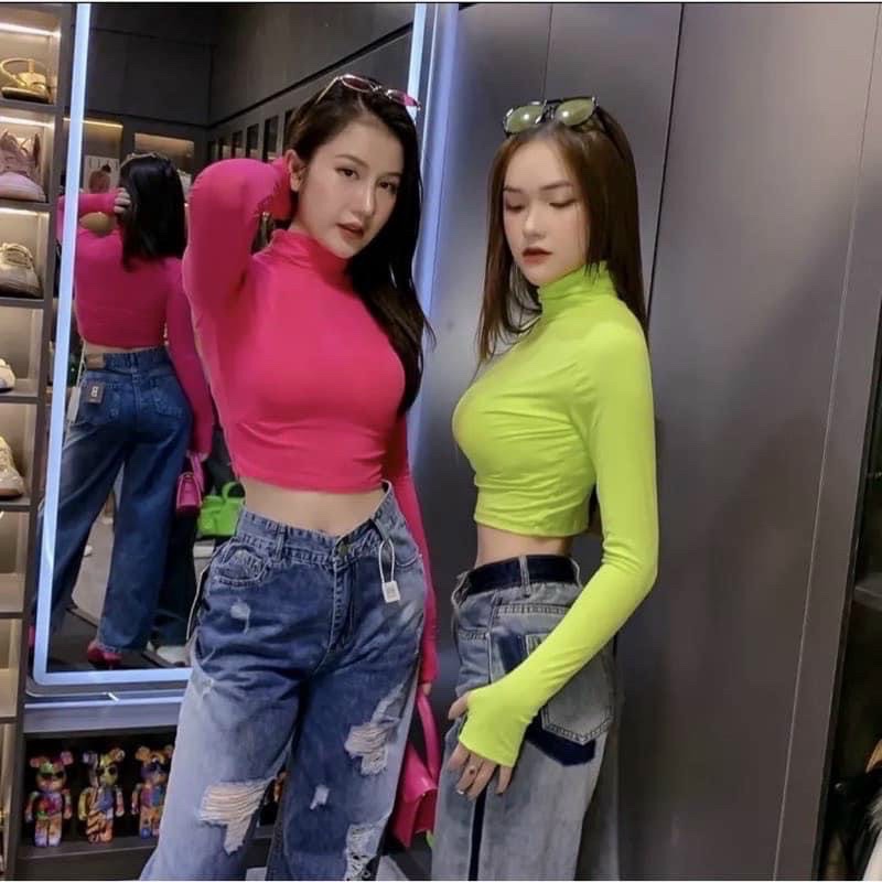 ÁO CROPTOP CỔ LỌ TAY DÀI THUN LỤA ÔM BODY TÔN DÁNG