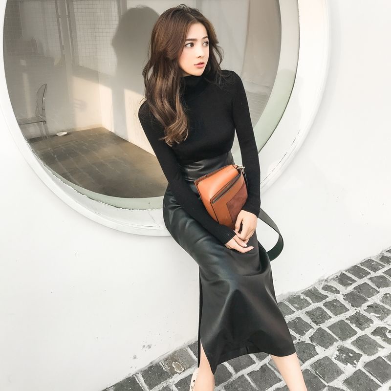 Chân Váy Da Dáng Dài Ôm Hông Xẻ Tà Thời Trang Xuân Thu 2022