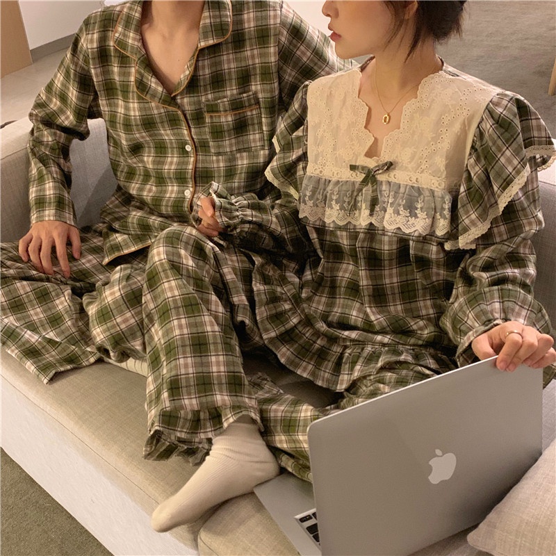 BN31_ bộ đồ ngủ pijama, bộ mặc nhà đôi kẻ caro phối ren tiểu thư công chúa phong cách ulzzang Hàn Quốc