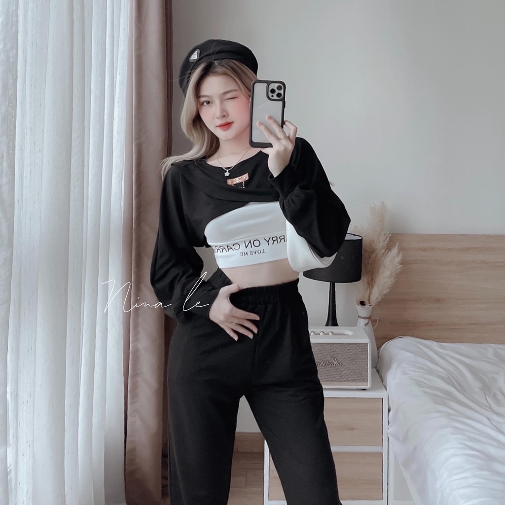 Set bộ đồ thể thao nữ 3 món áo croptop mix áo bra phối quần ống đứng dành cho các nàng thích trẻ trung, năng động