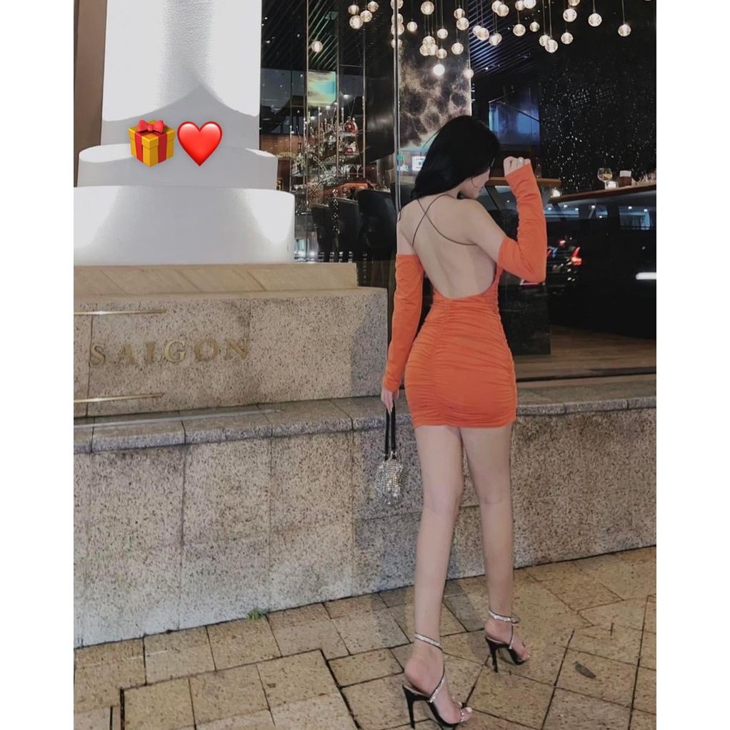 Đầm yếm tay dài đứt hở lưng chéo dây ôm body nhúm nhúm dáng ngắn  sexy , chất thun gân dày dặn