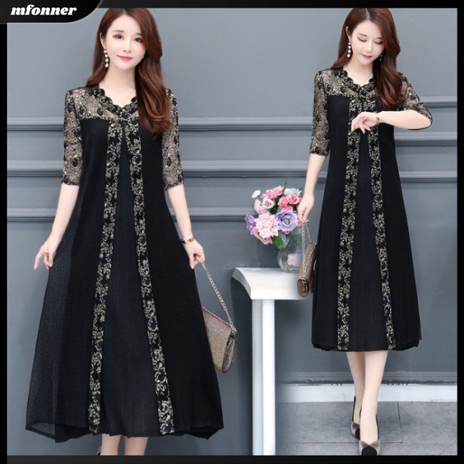 Đầm Dáng Rộng Cổ Chữ V Phối Lưới In Họa Tiết Xinh Xắn Thời Trang Cho Nữ