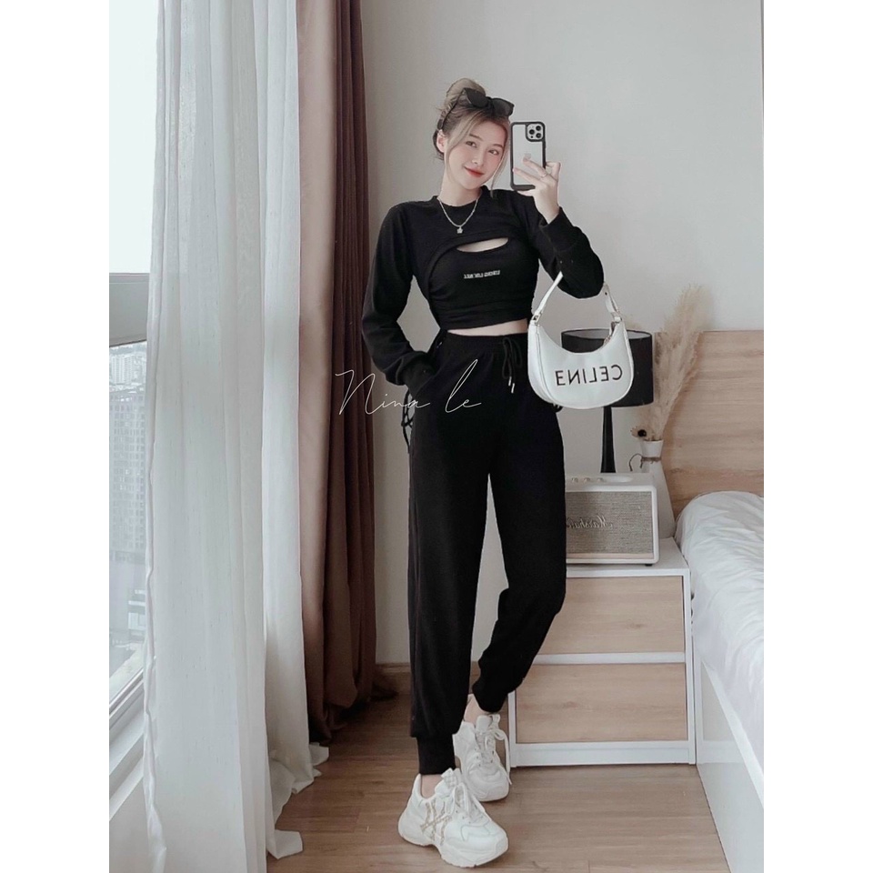 [11.11 Sale Freeship] Set bộ áo croptop cổ tròn tay dài hở ngực in hình chữ,quần ống túm dây thun đi chơi dạo phố sexy