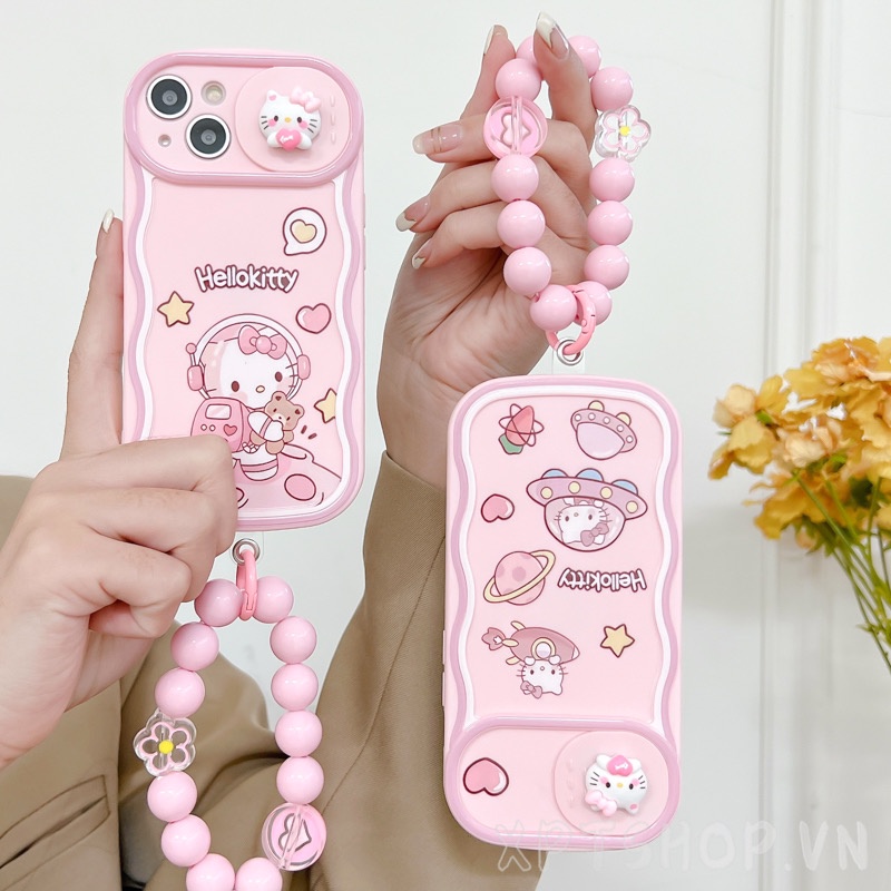 Ốp Điện Thoại Dẻo Họa Tiết Hello Kitty + Dây Đeo & Thanh Trượt Bảo Vệ Camera Cho iPhone 14 Pro Max 14Plus 13 12 11 Pro Max