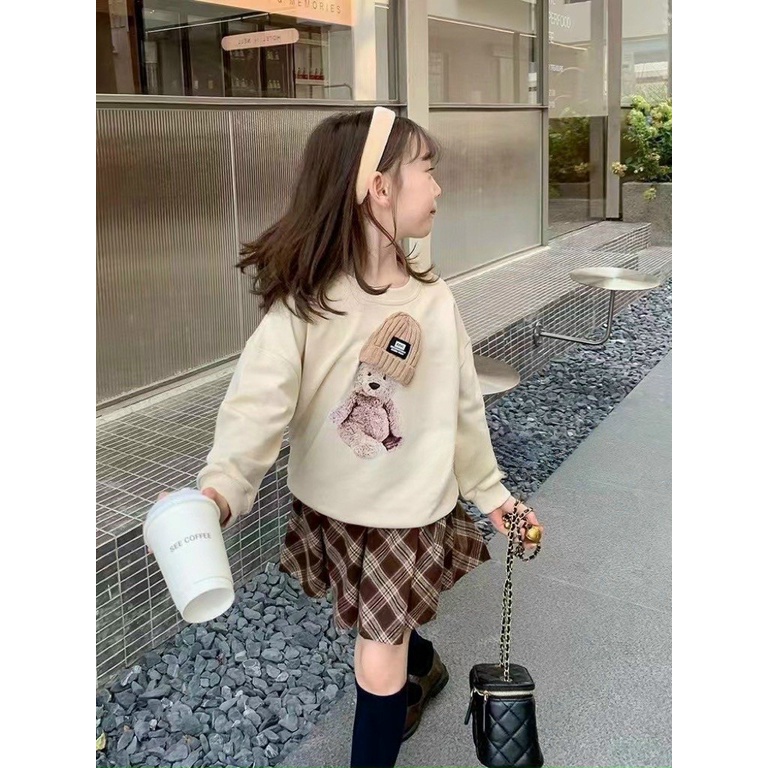 Set Bé Gái Thiết Kế Siêu Đẹp Áo Dài Tay Kết Hợp Chân Váy Xếp Ly Kẻ Vải Thô Kiểu Dáng Thời Trang Cá Tính Cho Bé