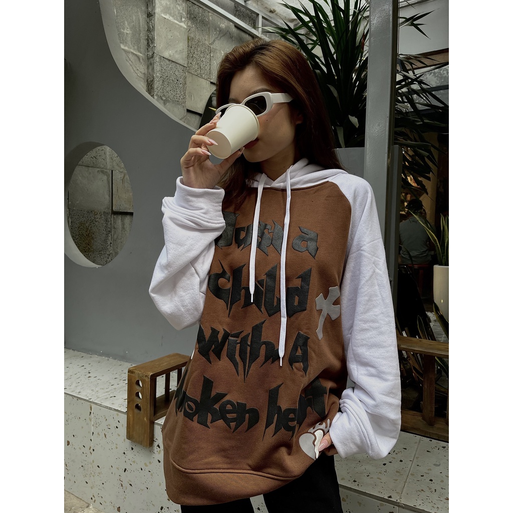 Áo Hoodie raglan Banawa form rộng nam nữ unisex có nón trùm đầu - Broken Child Hoodie - Màu Nâu Đậm