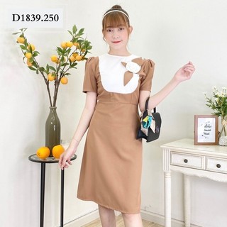 Đầm nữ nhật vy phối hoa cài tay phồng nhẹ chất kaki thun đầm công sở dáng ôm màu xanh mint cacao - d1839