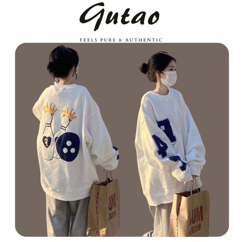 Áo sweater form rộng cổ tròn màu trắng nam nữ ,chất nỉ bông dày loại 1,phối hình thêu-GUTAO