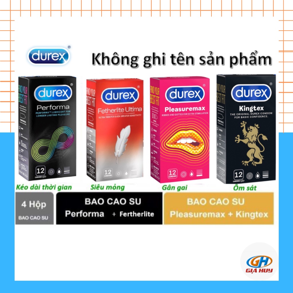 Combo 4 hộp bao cao su Durex Performa, fetherlite, pleasuremax, kingtex - 48 cái