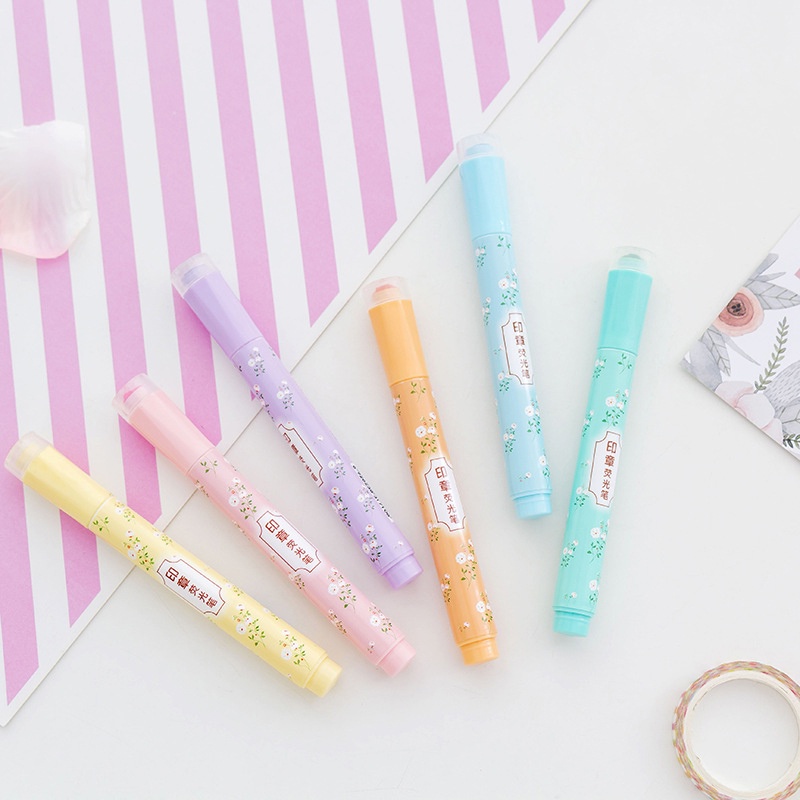 Set 6 Bút Bắt Sáng Màu Neon Kèm Con Dấu Tiện Dụng